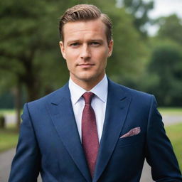 A sophisticated gentleman, well-dressed in a tailored suit and tie, exuding confidence and charm.