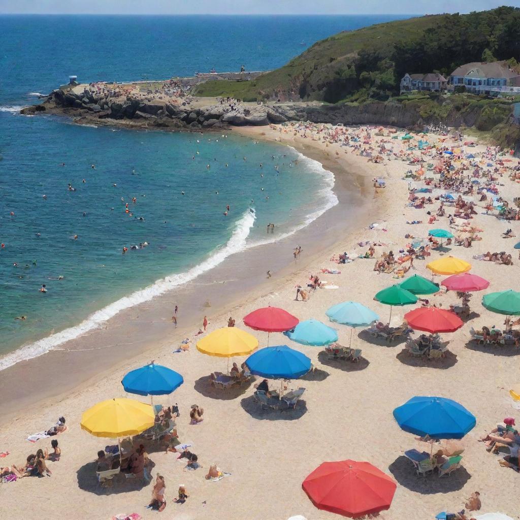 A coastal beach scene on a bright summer day, filled to capacity with a crowd of people. Colorful beach umbrellas dot the landscape. There's laughter, cheerful chatter, and the melodious sound of waves crashing against the shore.