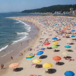 A coastal beach scene on a bright summer day, filled to capacity with a crowd of people. Colorful beach umbrellas dot the landscape. There's laughter, cheerful chatter, and the melodious sound of waves crashing against the shore.