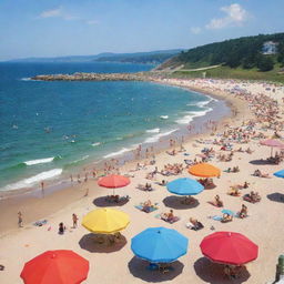 A coastal beach scene on a bright summer day, filled to capacity with a crowd of people. Colorful beach umbrellas dot the landscape. There's laughter, cheerful chatter, and the melodious sound of waves crashing against the shore.