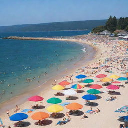 A coastal beach scene on a bright summer day, filled to capacity with a crowd of people. Colorful beach umbrellas dot the landscape. There's laughter, cheerful chatter, and the melodious sound of waves crashing against the shore.