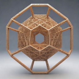 An intricate 3D structure with a central hexagon, connected to triangular prisms on all sides, showcasing a fascinating abstract geometric design.