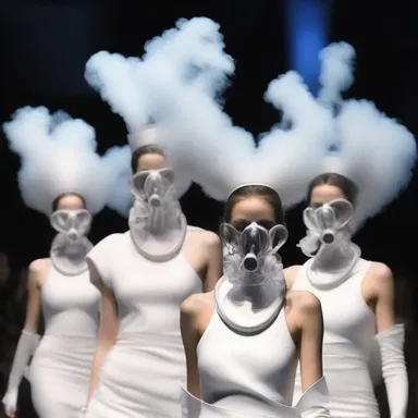 At the avant-garde fashion show, models walk the runway wearing elaborate oxygen masks filled with nitrous oxide, creating a striking and surreal effect.