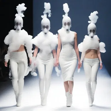 At the avant-garde fashion show, models walk the runway wearing elaborate oxygen masks filled with nitrous oxide, creating a striking and surreal effect.