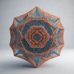 An intricate 3D structure with a central hexagon, connected to triangular prisms on all sides, showcasing a fascinating abstract geometric design.