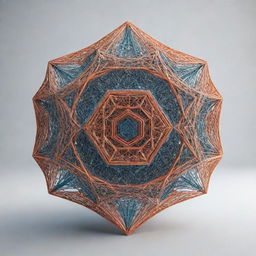 An intricate 3D structure with a central hexagon, connected to triangular prisms on all sides, showcasing a fascinating abstract geometric design.