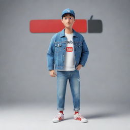 3D illustration of an animated character with the Youtube logo. The character wears modern, casual attire including a denim jacket and sneakers. The phrase 'Channel med kas' appears on the right, all set against a styled background.