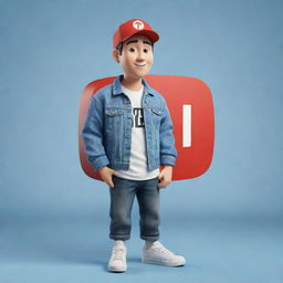 3D illustration of an animated character with the Youtube logo. The character wears modern, casual attire including a denim jacket and sneakers. The phrase 'Channel med kas' appears on the right, all set against a styled background.