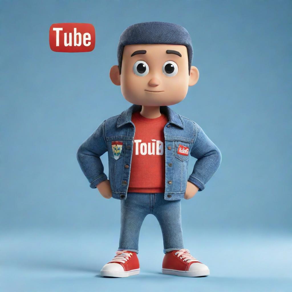 3D illustration of an animated character with the Youtube logo. The character wears modern, casual attire including a denim jacket and sneakers. The phrase 'Channel med kas' appears on the right, all set against a styled background.