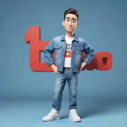 3D illustration of an animated character with the Youtube logo. The character wears modern, casual attire including a denim jacket and sneakers. The phrase 'Channel med kas' appears on the right, all set against a styled background.