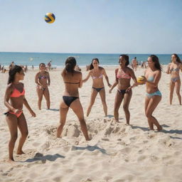 A lively beach scene with a group of diverse girls of various ages. They are playing beach volleyball, building sandcastles, and sunbathing. The atmosphere is filled with joy and fun.