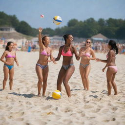 A lively beach scene with a group of diverse girls of various ages. They are playing beach volleyball, building sandcastles, and sunbathing. The atmosphere is filled with joy and fun.