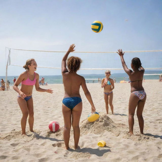 A lively beach scene with a group of diverse girls of various ages. They are playing beach volleyball, building sandcastles, and sunbathing. The atmosphere is filled with joy and fun.