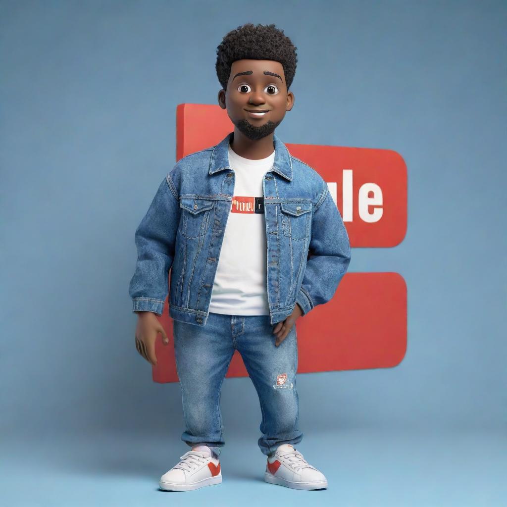 3D illustration of an animated character, donned in modern casual attire like a denim jacket and sneakers, holding the Youtube logo. The phrase 'Channel med kas' is placed on the right, with a captivating background.