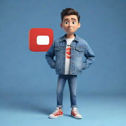 3D illustration of an animated character, donned in modern casual attire like a denim jacket and sneakers, holding the Youtube logo. The phrase 'Channel med kas' is placed on the right, with a captivating background.