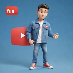 3D illustration of an animated character, donned in modern casual attire like a denim jacket and sneakers, holding the Youtube logo. The phrase 'Channel med kas' is placed on the right, with a captivating background.