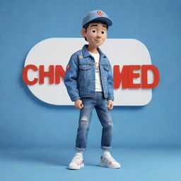 3D illustration of an animated character garbed in modern, casual attire like a denim jacket and sneakers. The character is placed alongside the phrase 'Channel med kas' on the right, set against an appealing background.