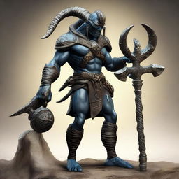 An impressive digital art depiction of an Earth Genasi smith, his skin echoing the texture of rough stone, standing next to a meticulously crafted metal scorpion