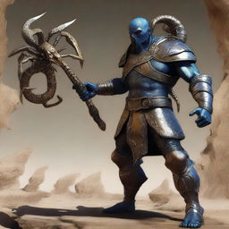 An impressive digital art depiction of an Earth Genasi smith, his skin echoing the texture of rough stone, standing next to a meticulously crafted metal scorpion