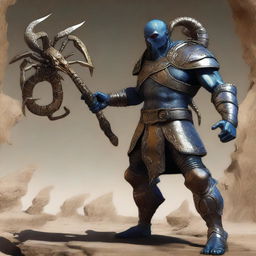 An impressive digital art depiction of an Earth Genasi smith, his skin echoing the texture of rough stone, standing next to a meticulously crafted metal scorpion