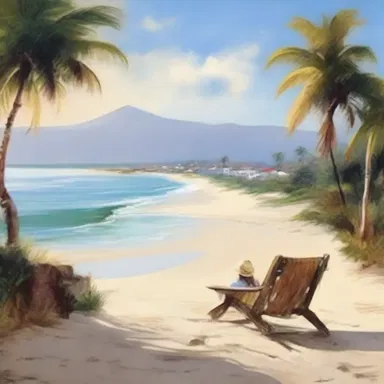 The artist painted a beautiful landscape depicting a serene beach as the destination, inviting viewers to imagine themselves in that idyllic setting.