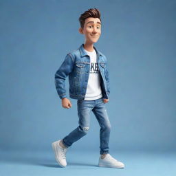 3D illustration of an animated character dressed in modern casual clothing like a denim jacket and sneakers. The phrase 'med kas' appears on the right, with a captivating background.