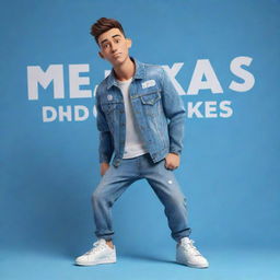 3D illustration of an animated character dressed in modern casual clothing like a denim jacket and sneakers. The phrase 'med kas' appears on the right, with a captivating background.