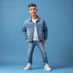 3D illustration of an animated character dressed in modern casual clothing like a denim jacket and sneakers. The phrase 'med kas' appears on the right, with a captivating background.