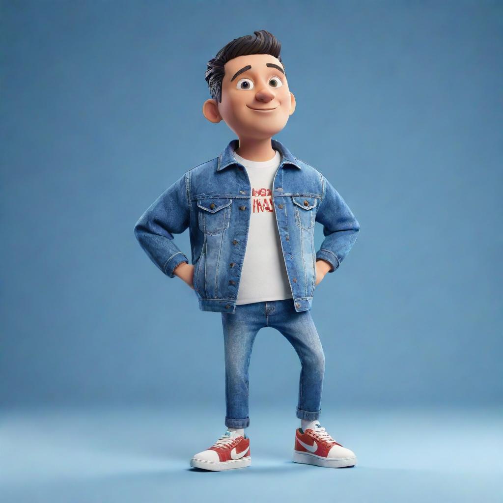 3D illustration of an animated character dressed in modern casual clothing like a denim jacket and sneakers. The phrase 'med kas' appears on the right, with a captivating background.