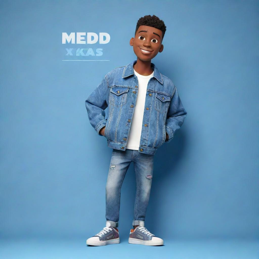 3D illustration of an animated character in modern, casual outfit like a denim jacket and sneakers. The character is presented next to the phrase 'med kas' on the right. Set against an engaging background.