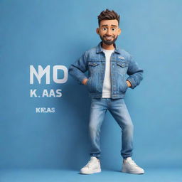 3D illustration of an animated character in modern, casual outfit like a denim jacket and sneakers. The character is presented next to the phrase 'med kas' on the right. Set against an engaging background.