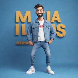 3D illustration of an animated character in modern, casual outfit like a denim jacket and sneakers. The character is presented next to the phrase 'med kas' on the right. Set against an engaging background.