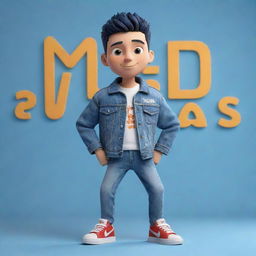 3D illustration of an animated character in modern, casual outfit like a denim jacket and sneakers. The character is presented next to the phrase 'med kas' on the right. Set against an engaging background.