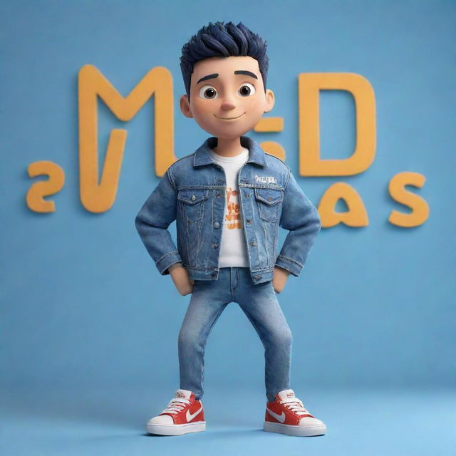 3D illustration of an animated character in modern, casual outfit like a denim jacket and sneakers. The character is presented next to the phrase 'med kas' on the right. Set against an engaging background.