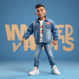 3D illustration of an animated character in trendy casual attire featuring a denim jacket and sneakers. The phrase 'med kas' appears on the right against a captivating background.