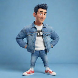 3D illustration of an animated character in trendy casual attire featuring a denim jacket and sneakers. The phrase 'med kas' appears on the right against a captivating background.