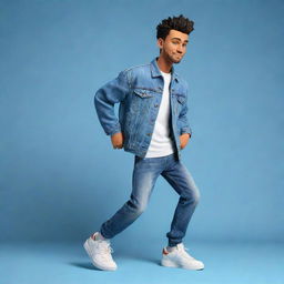 3D illustration of an animated character in trendy casual attire featuring a denim jacket and sneakers. The phrase 'med kas' appears on the right against a captivating background.