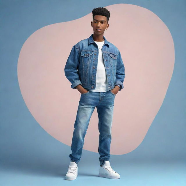 3D illustration of an animated character in trendy casual attire featuring a denim jacket and sneakers. The phrase 'med kas' appears on the right against a captivating background.