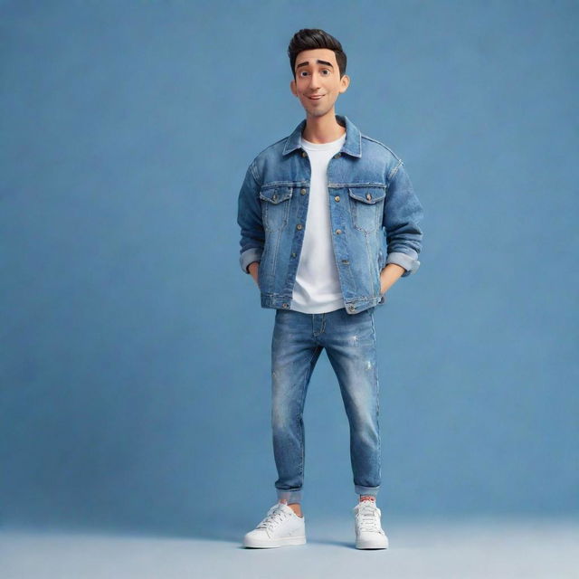 3D illustration of an animated character dressed in modern, casual attire like a denim jacket and sneakers. The phrase 'med kas' is located on the right, all set against an intriguing background.