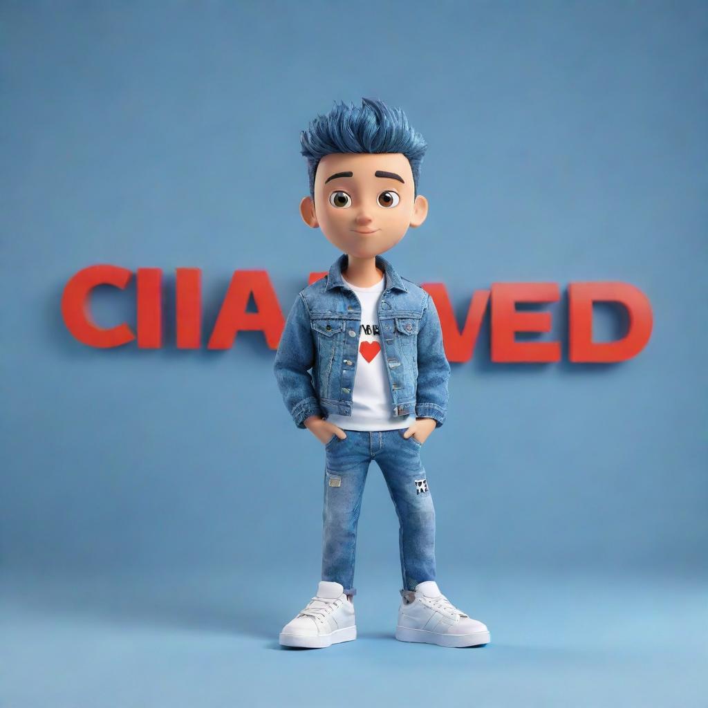 3D illustration of an animated character, dressed in modern casual clothing like a denim jacket and sneakers, standing next to the phrase 'Channel med kas' on the right. The background features the Youtube logo.