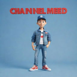 3D illustration of an animated character, dressed in modern casual clothing like a denim jacket and sneakers, standing next to the phrase 'Channel med kas' on the right. The background features the Youtube logo.