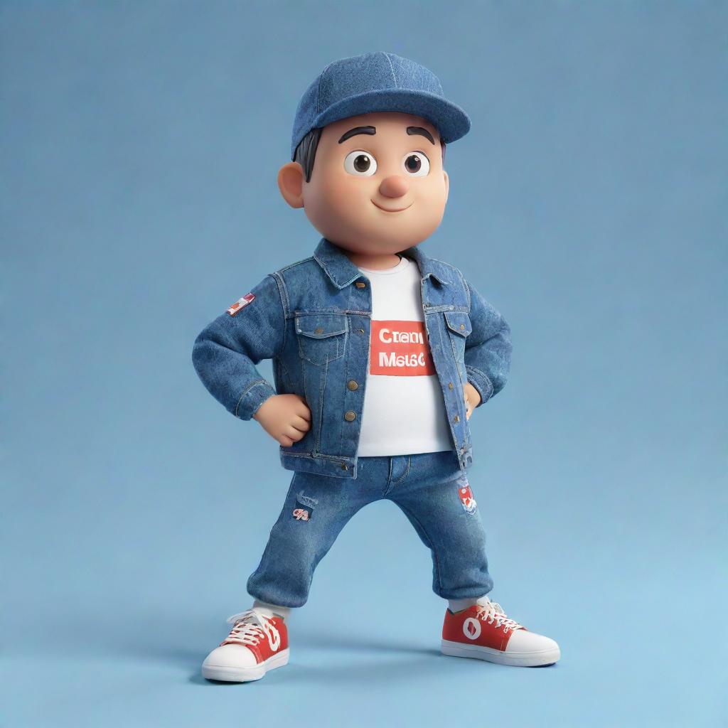 3D illustration of an animated character in modern, casual attire like a denim jacket and sneakers. The character is next to the phrase 'Channel med kas' on the right, set against a background showcasing the Youtube logo.