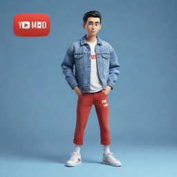 3D illustration of an animated character in modern, casual attire like a denim jacket and sneakers. The character is next to the phrase 'Channel med kas' on the right, set against a background showcasing the Youtube logo.