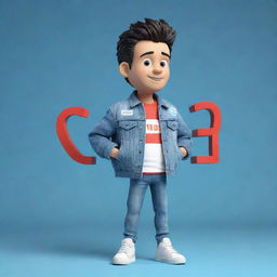 3D illustration of an animated character in modern, casual attire like a denim jacket and sneakers. The character is next to the phrase 'Channel med kas' on the right, set against a background showcasing the Youtube logo.