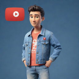 3D illustration of an animated character in modern, casual attire like a denim jacket and sneakers. The character is next to the phrase 'Channel med kas' on the right, set against a background showcasing the Youtube logo.