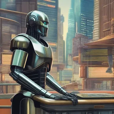 In a distant future society depicted in the science fiction novel, the law merchant is enforced by advanced artificial intelligence governing all commercial transactions.