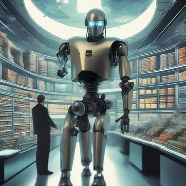 In a distant future society depicted in the science fiction novel, the law merchant is enforced by advanced artificial intelligence governing all commercial transactions.