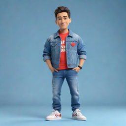 Generate a 3D illustration of a casually dressed animated character, with the phrase 'Channel med kas' on the right. The character is wearing modern casual attire like a denim jacket and sneakers, with the YouTube logo as the backdrop.