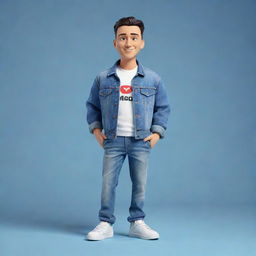 Generate a 3D illustration of a casually dressed animated character, with the phrase 'Channel med kas' on the right. The character is wearing modern casual attire like a denim jacket and sneakers, with the YouTube logo as the backdrop.