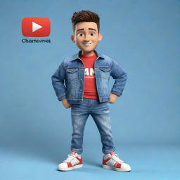 Generate a 3D illustration of a casually dressed animated character, with the phrase 'Channel med kas' on the right. The character is wearing modern casual attire like a denim jacket and sneakers, with the YouTube logo as the backdrop.